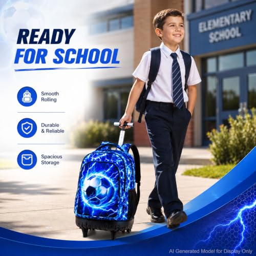 KLFVB Rolling Backpack for Boys and Mens, 3PCS Roller Bookbag with Lunch Bag for Kids, Wheeled School Bag for Children - Lightning Soccer