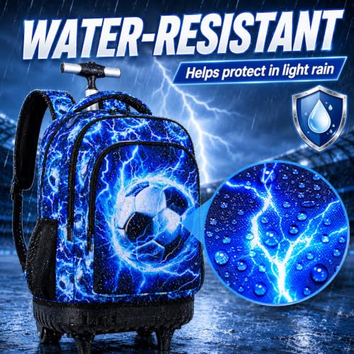KLFVB Rolling Backpack for Boys and Mens, 3PCS Roller Bookbag with Lunch Bag for Kids, Wheeled School Bag for Children - Lightning Soccer