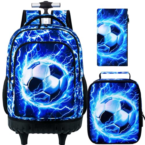 KLFVB Rolling Backpack for Boys and Mens, 3PCS Roller Bookbag with Lunch Bag for Kids, Wheeled School Bag for Children - Lightning Soccer