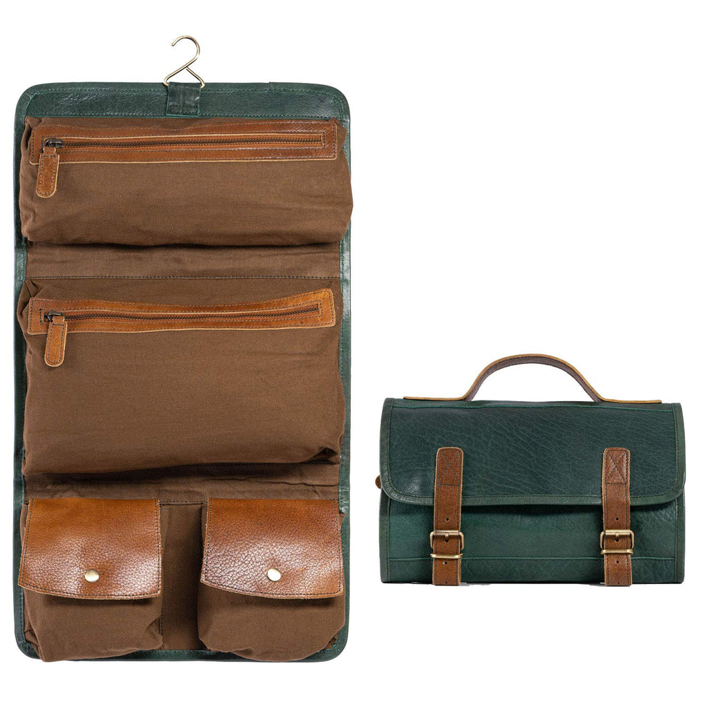 KomalC Premium Buffalo Leather Hanging Toiletry Bag Travel Dopp Kit (Green)