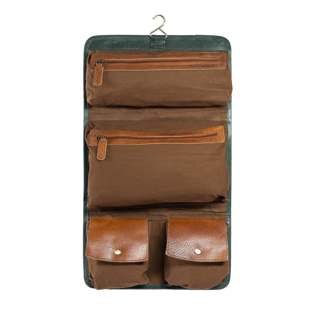 KomalC Premium Buffalo Leather Hanging Toiletry Bag Travel Dopp Kit (Green)