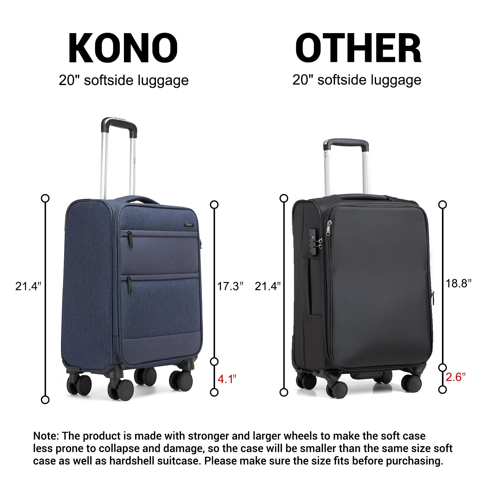 Kono 20 Inch Soft - Sided Carry - On Luggage Airline Approved 20" Spinner Wheels Lightweight Waterproof Suitcase with TSA Lock for Business Travel (Small, Navy Blue)