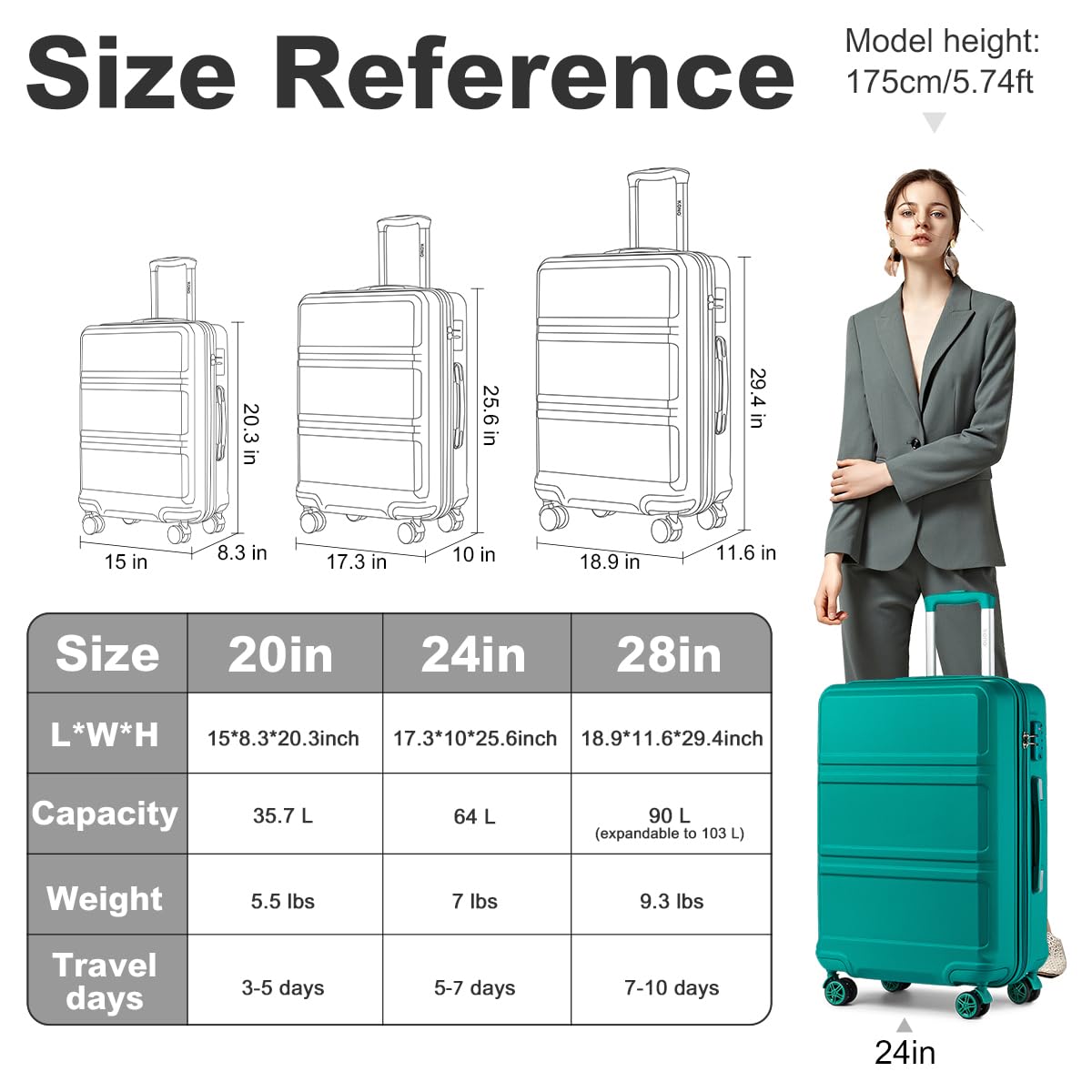 Kono 24 Inch Luggage Suitcase with Spinner Wheels TSA Lock Lightweight PC+ABS Hardside Medium Checked Luggage Durable Rolling Suitcase Turquoise
