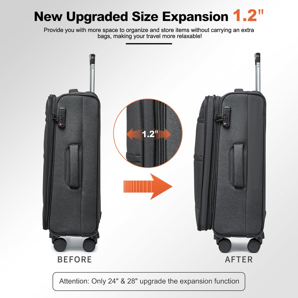 Kono 28 Inch Softside Expandable Checked Luggage with 8 Spinner Wheels TSA Lock Softshell Lightweight Business Travel Suitcase for Men and Women, Black