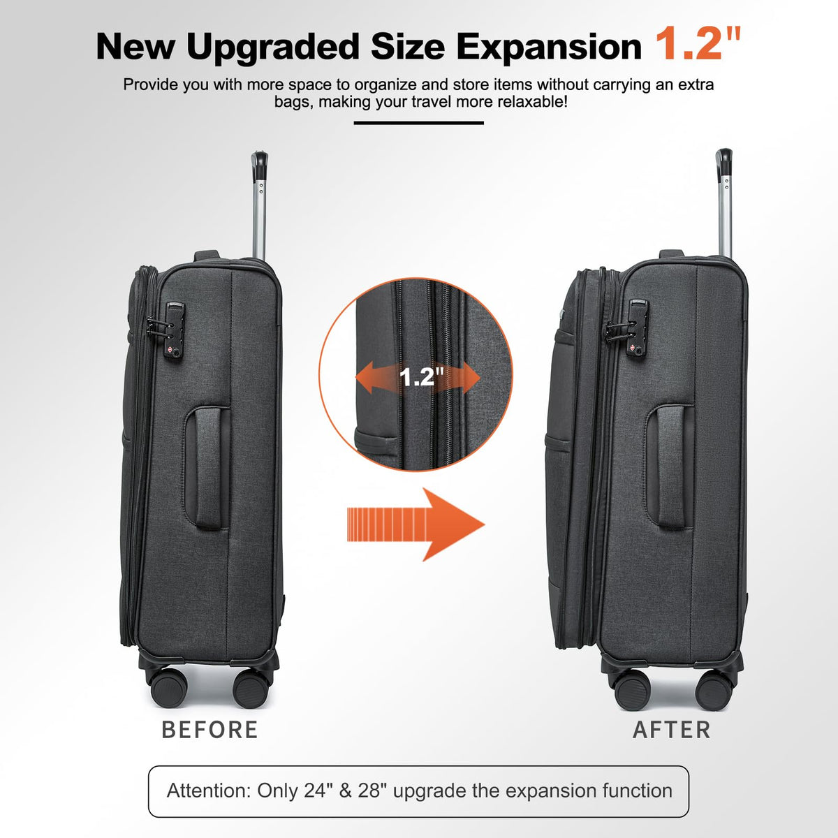 Kono 28 Inch Softside Expandable Checked Luggage with 8 Spinner Wheels TSA Lock Softshell Lightweight Business Travel Suitcase for Men and Women, Black