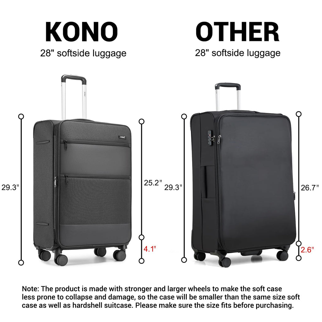 Kono 28 Inch Softside Expandable Checked Luggage with 8 Spinner Wheels TSA Lock Softshell Lightweight Business Travel Suitcase for Men and Women, Black
