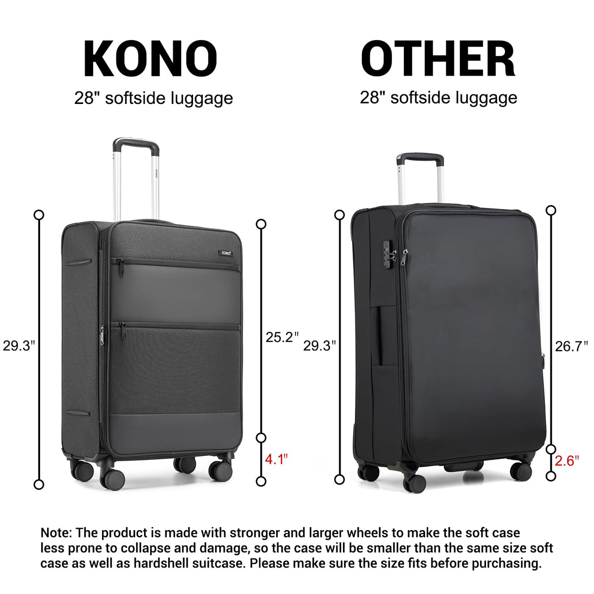 Kono 28 Inch Softside Expandable Checked Luggage with 8 Spinner Wheels TSA Lock Softshell Lightweight Business Travel Suitcase for Men and Women, Black