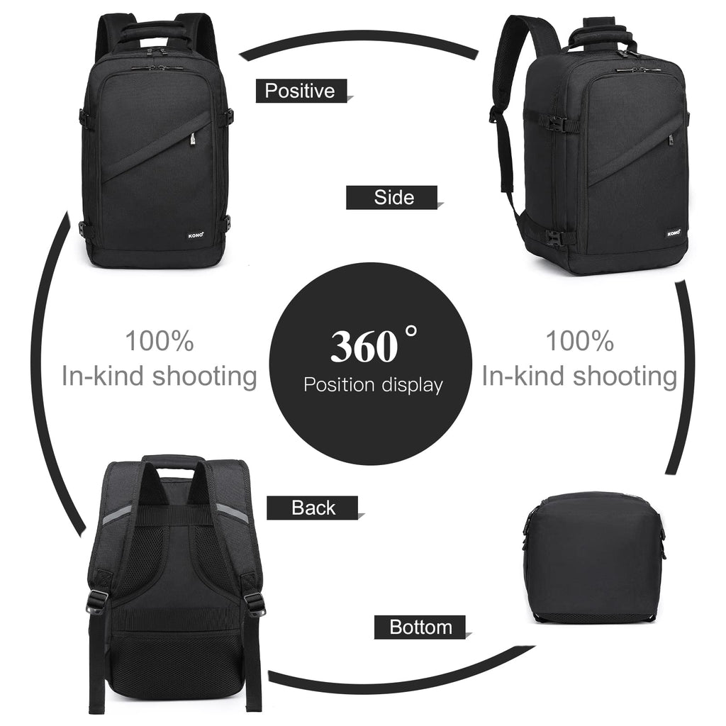 Kono Carry on Backpack, 16" Airplane Approved Under Seat Travel Backpack for Men and Women, Waterproof Lightweight Daypack for Flight 20L (Black, Small)
