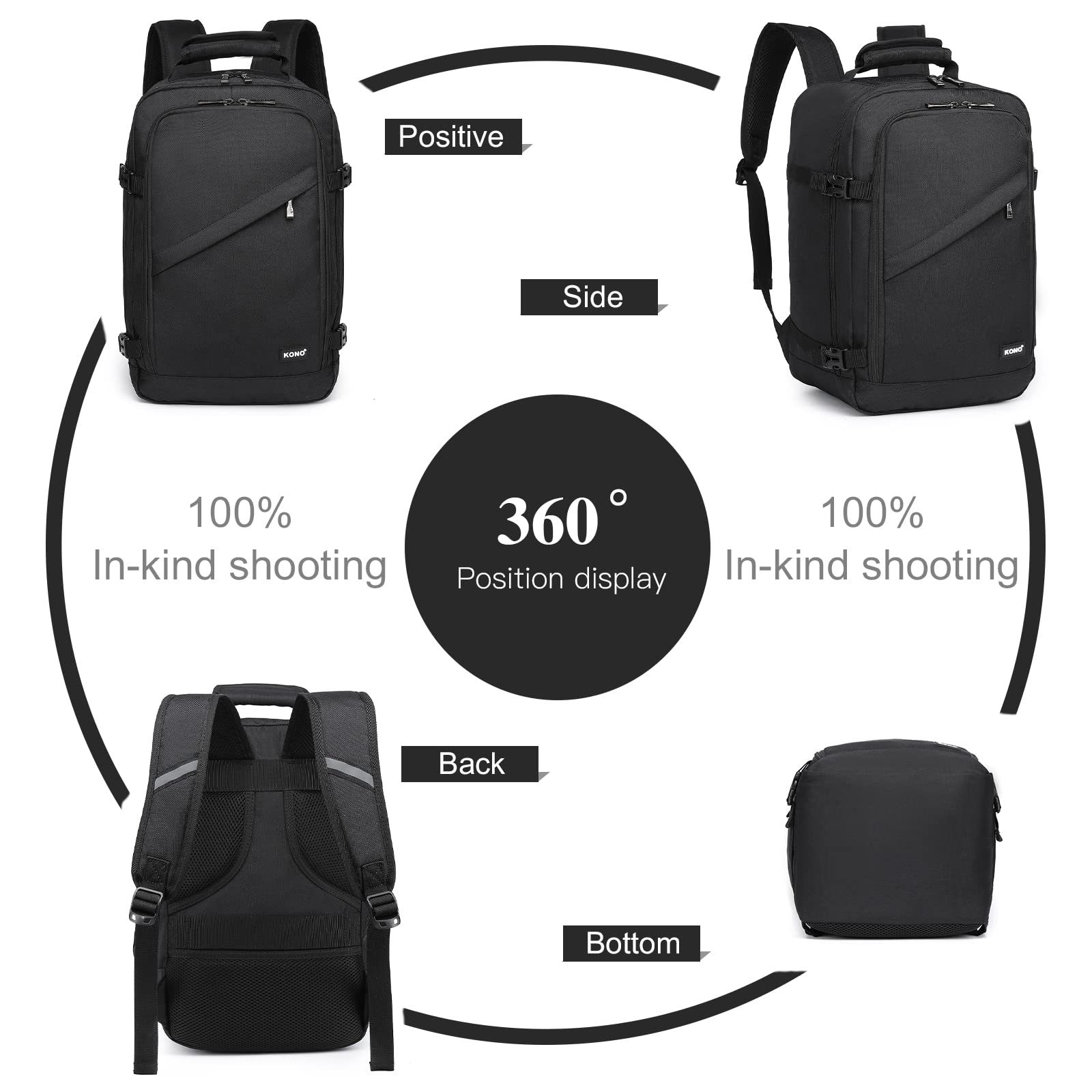 Kono Carry on Backpack, 16" Airplane Approved Under Seat Travel Backpack for Men and Women, Waterproof Lightweight Daypack for Flight 20L (Black, Small)