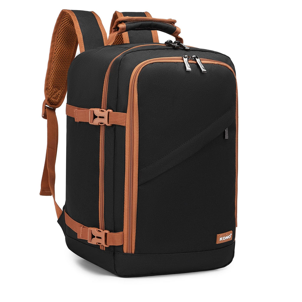 Kono Carry on Backpack, 16" Airplane Approved Under Seat Travel Backpack for Men and Women, Waterproof Lightweight Daypack for Flight 20L, Black/Brown