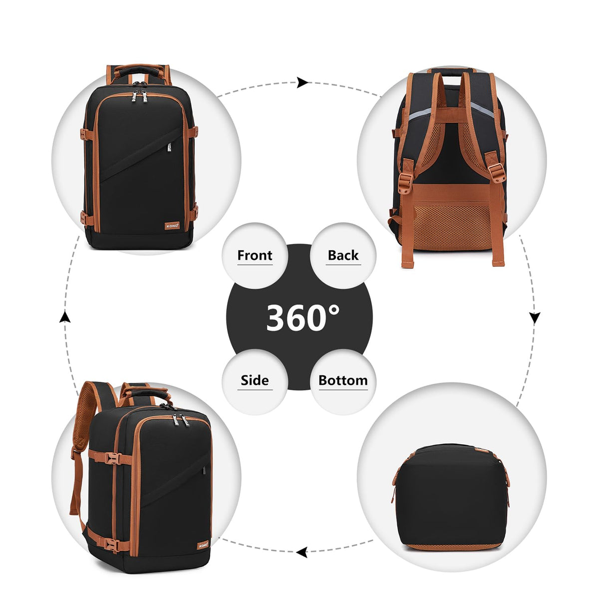 Kono Carry on Backpack, 16" Airplane Approved Under Seat Travel Backpack for Men and Women, Waterproof Lightweight Daypack for Flight 20L, Black/Brown