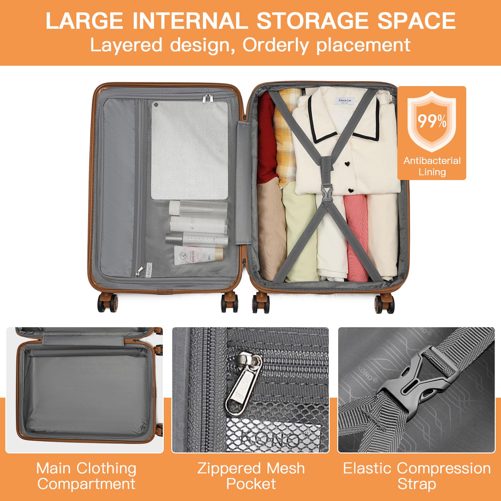Kono Expandable Luggage 3 Piece Set Hardshell Lightweight 20in 24in 28in Carry On Suitcase with Spinner Wheels TSA Lock (Cream White & Brown)