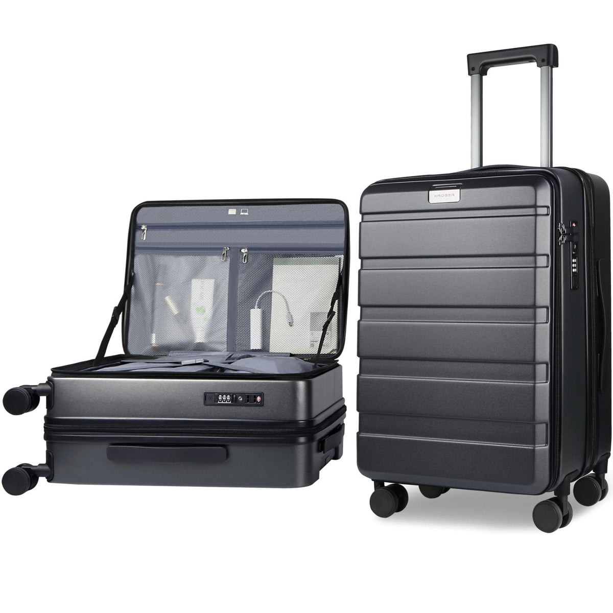 KROSER Carry On Luggage with Spinner Wheels & Built-in TSA Lock, Expandable Top Opening Hard Shell Suitcase Large Capacity Durable Rolling Luggage with USB Port, Carry-On 20-Inch, Steel Grey
