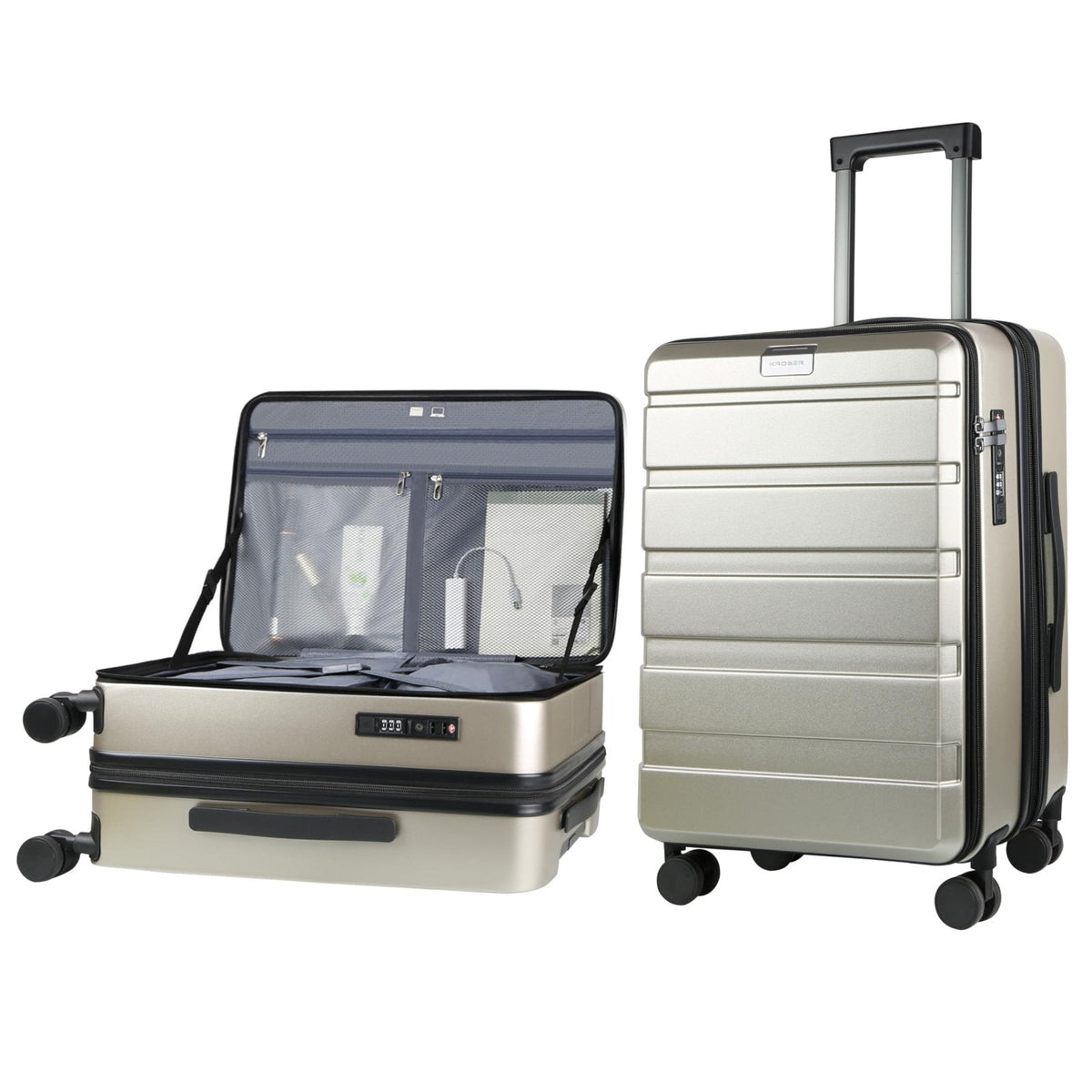 KROSER Carry On Luggage with Spinner Wheels & Built-in TSA Lock, Expandable Top Opening Hard Shell Suitcase Large Capacity Durable Rolling Luggage with USB Port, Carry-On 20-Inch, Champagne