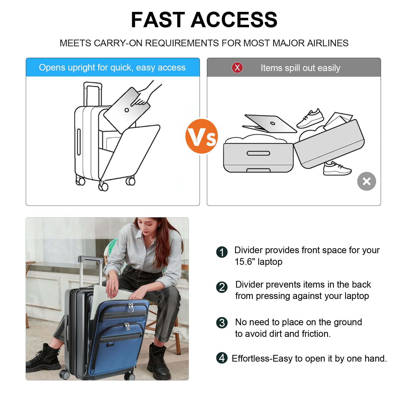 KROSER Hardside Expandable Carry On Luggage 22x14x9 Airline Approved With Front Business Pockets, 20 Inch Suitcases with Wheels, Carry on Suitcase with TSA Lock & USB Port, Black - Haze Blue