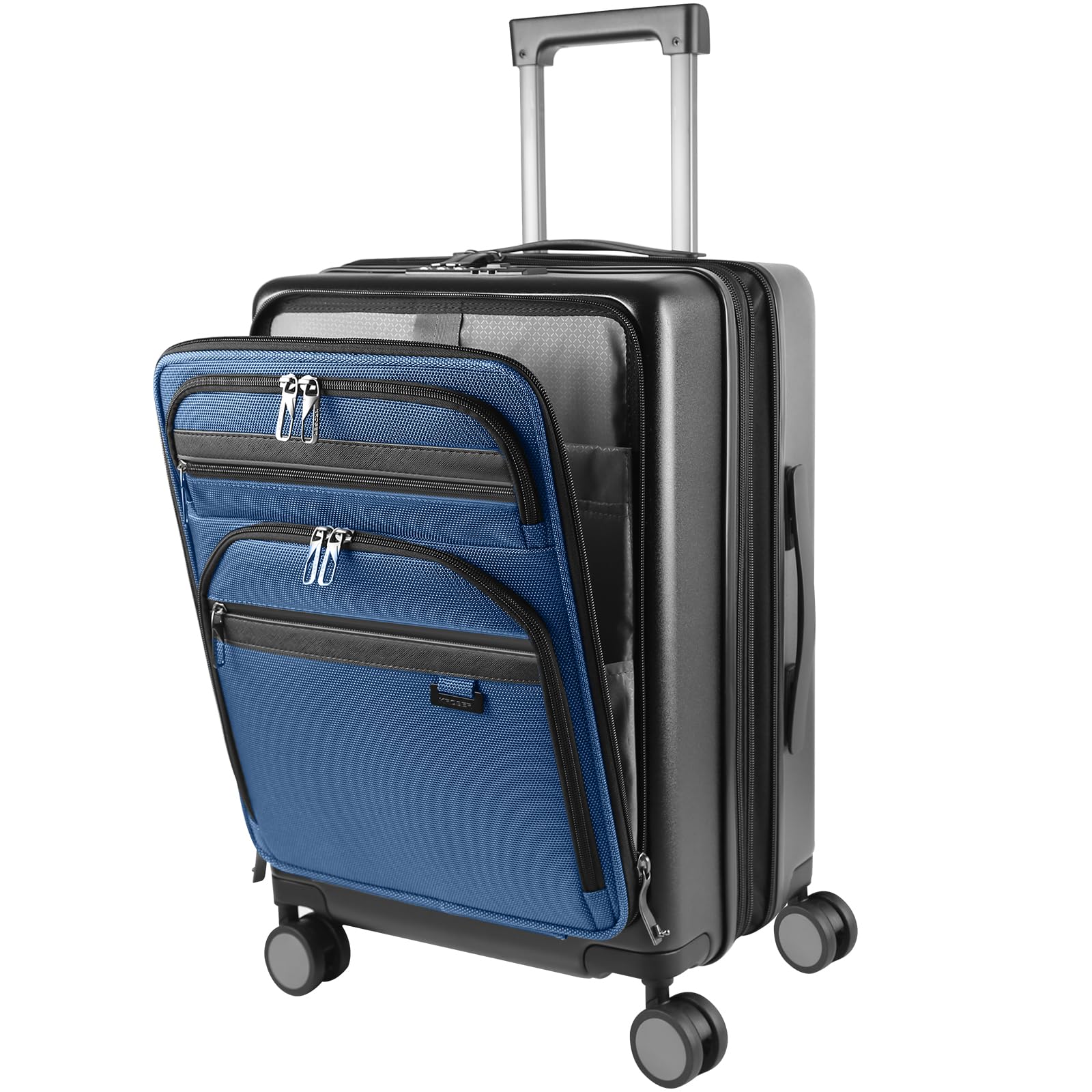 KROSER Hardside Expandable Carry On Luggage 22x14x9 Airline Approved With Front Business Pockets, 20 Inch Suitcases with Wheels, Carry on Suitcase with TSA Lock & USB Port, Black-Haze Blue
