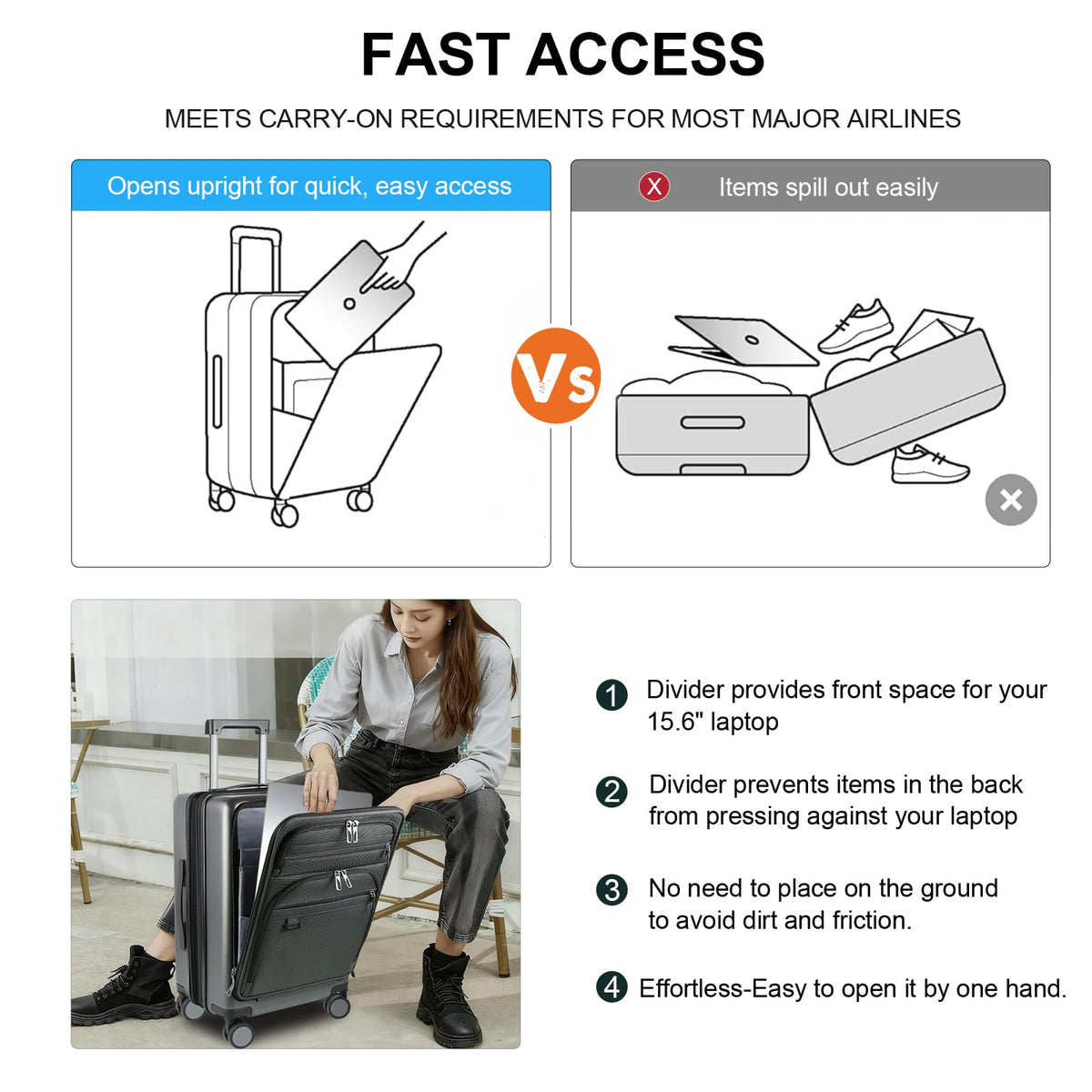 KROSER Hardside Expandable Carry On Luggage 22x14x9 Airline Approved With Front Business Pockets, 20 Inch Suitcases with Wheels, Carry on Suitcase with TSA Lock & USB Port, Steel Grey