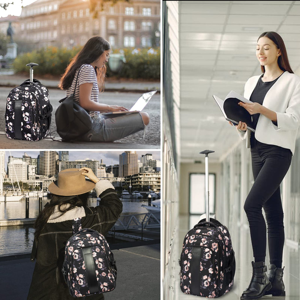 KROSER Laptop Rolling Backpack 17 inch Premium Wheeled Computer Backpack for Women with RFID Pockets Check Point Friendly Water - Repellent Overnight Roller Case for Travel