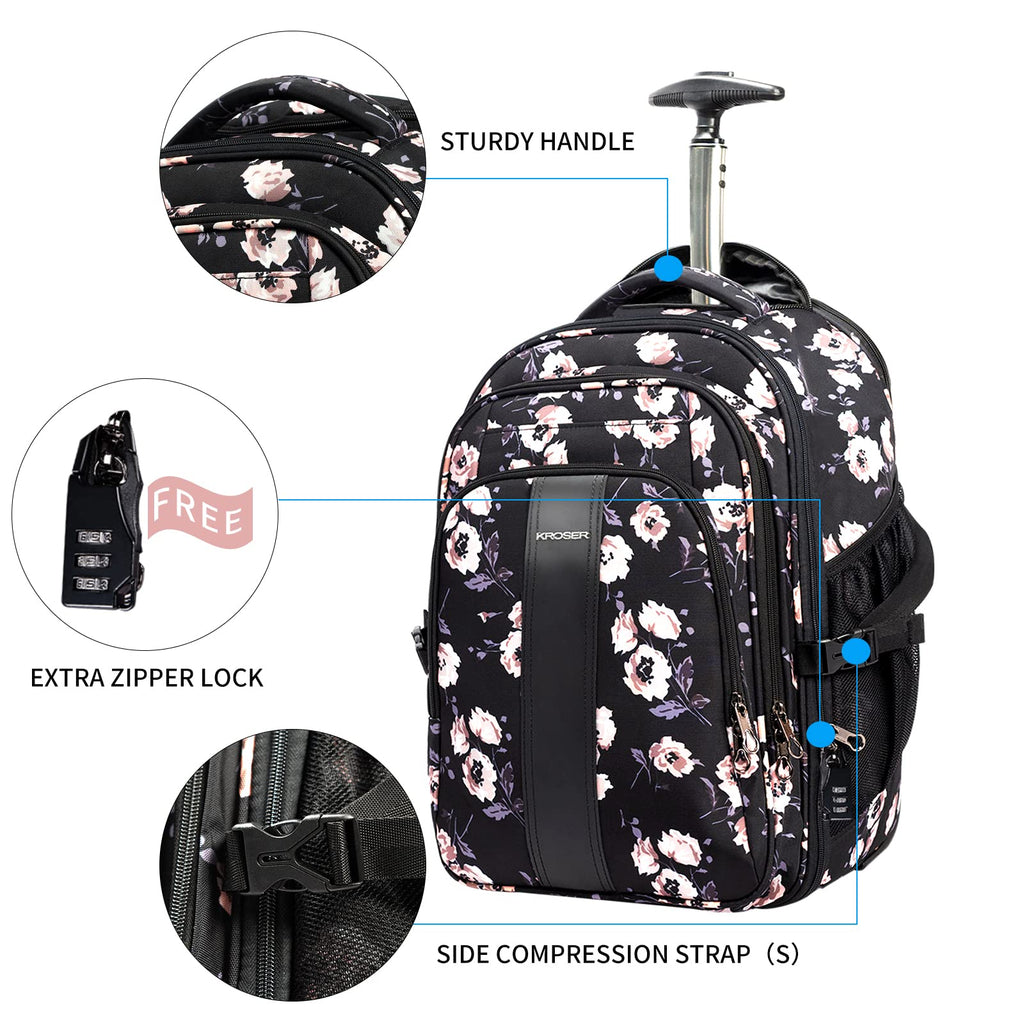 KROSER Laptop Rolling Backpack 17 inch Premium Wheeled Computer Backpack for Women with RFID Pockets Check Point Friendly Water - Repellent Overnight Roller Case for Travel