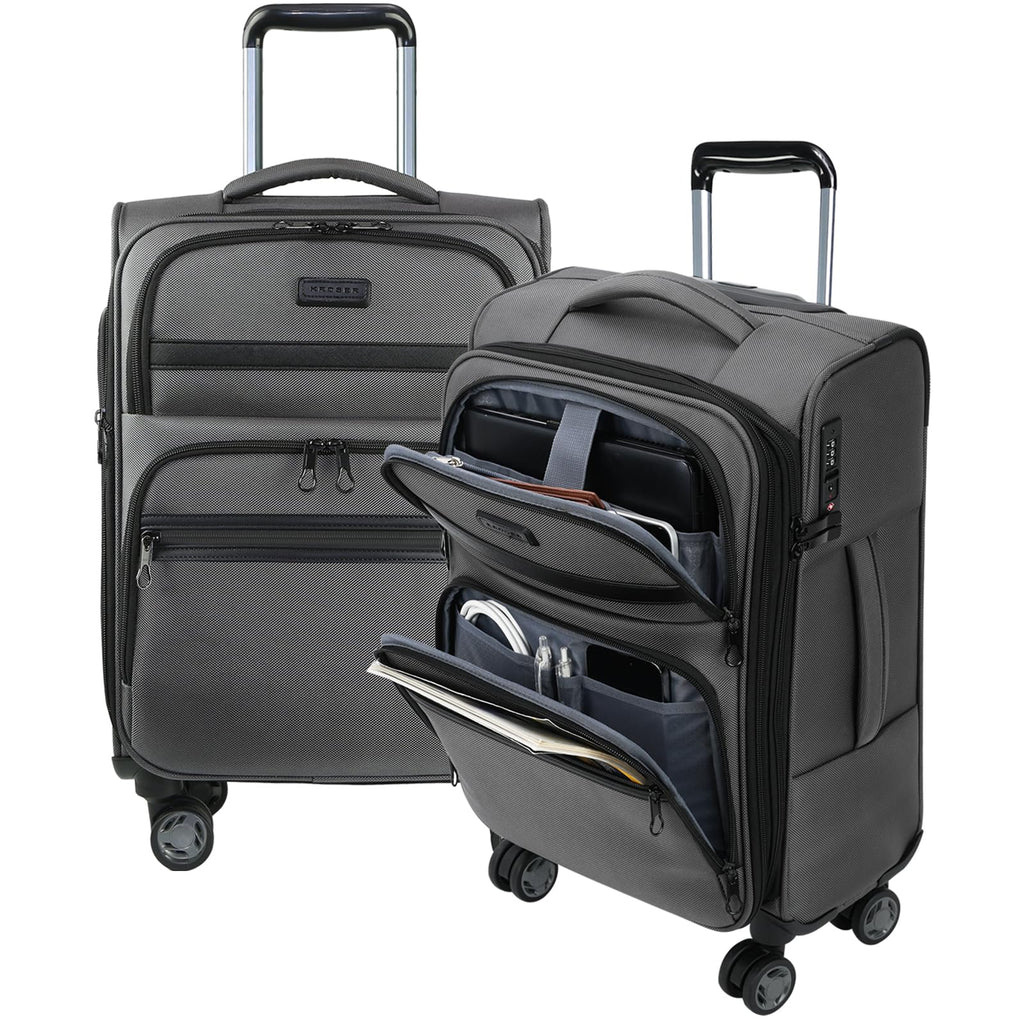 KROSER Softside Expandable Carry On Luggage with Front Business Pockets，20 Inch Suitcases with Spinner Wheels & Built-in TSA Lock, Durable Suitcase Rolling Luggage with USB Port, Grey