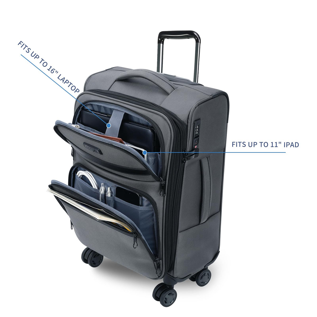 KROSER Softside Expandable Carry On Luggage with Front Business Pockets，20 Inch Suitcases with Spinner Wheels & Built - in TSA Lock, Durable Suitcase Rolling Luggage with USB Port, Grey