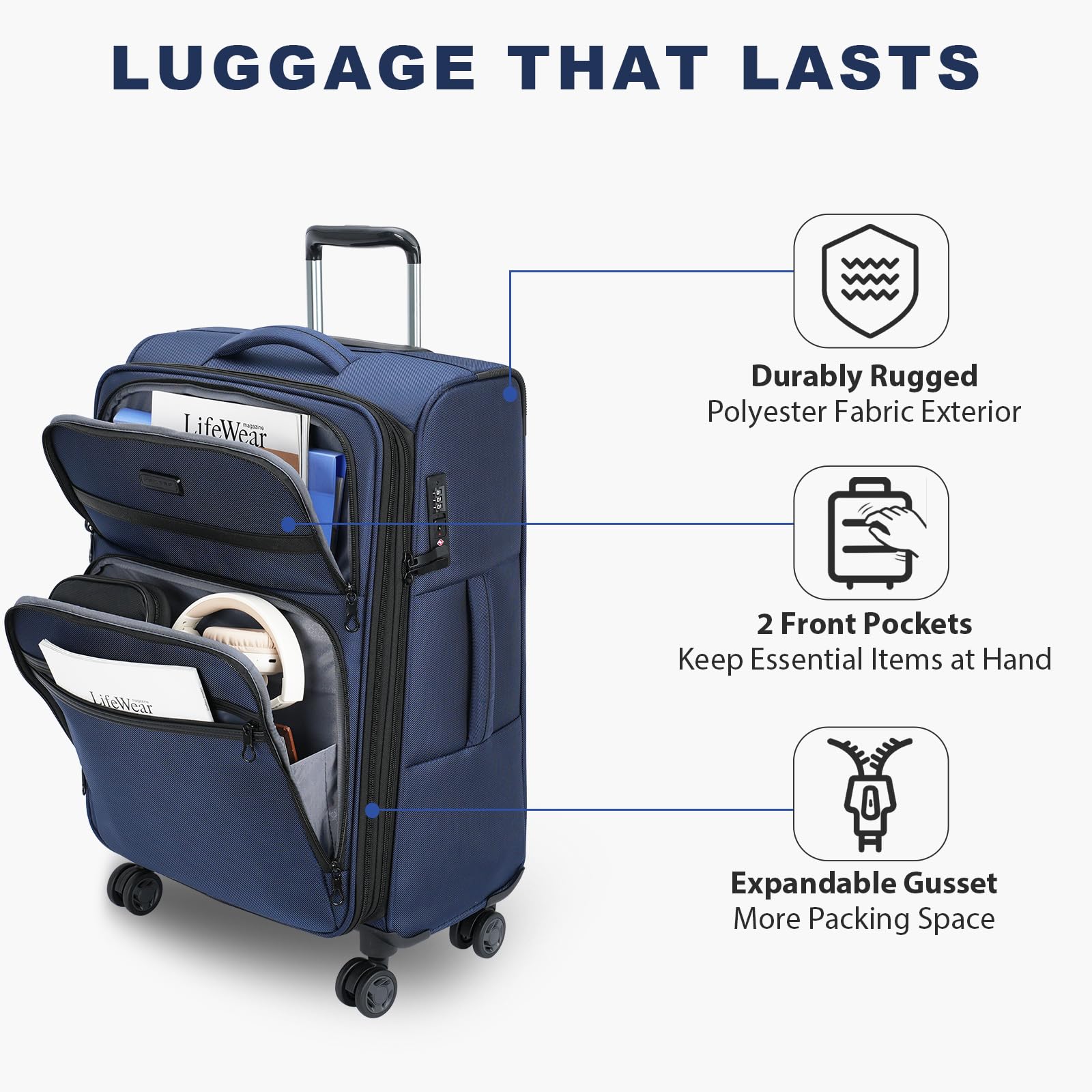 KROSER Softside Expandable checked Luggage with Front Business Pockets，24 Inch Suitcases with Spinner Wheels & Built - in TSA Lock, Durable Suitcase Rolling Luggage, Navy
