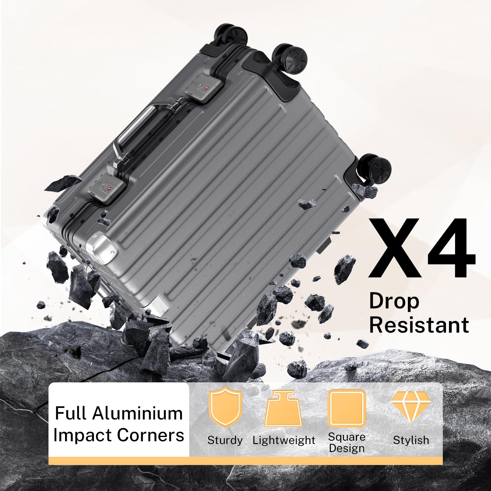 Krute Carry On Luggage 20 inch Aluminum Frame Luggage with Spinner Wheels Hardshell No Zipper PC+ABS TSA Lock Zipperless Suitcases