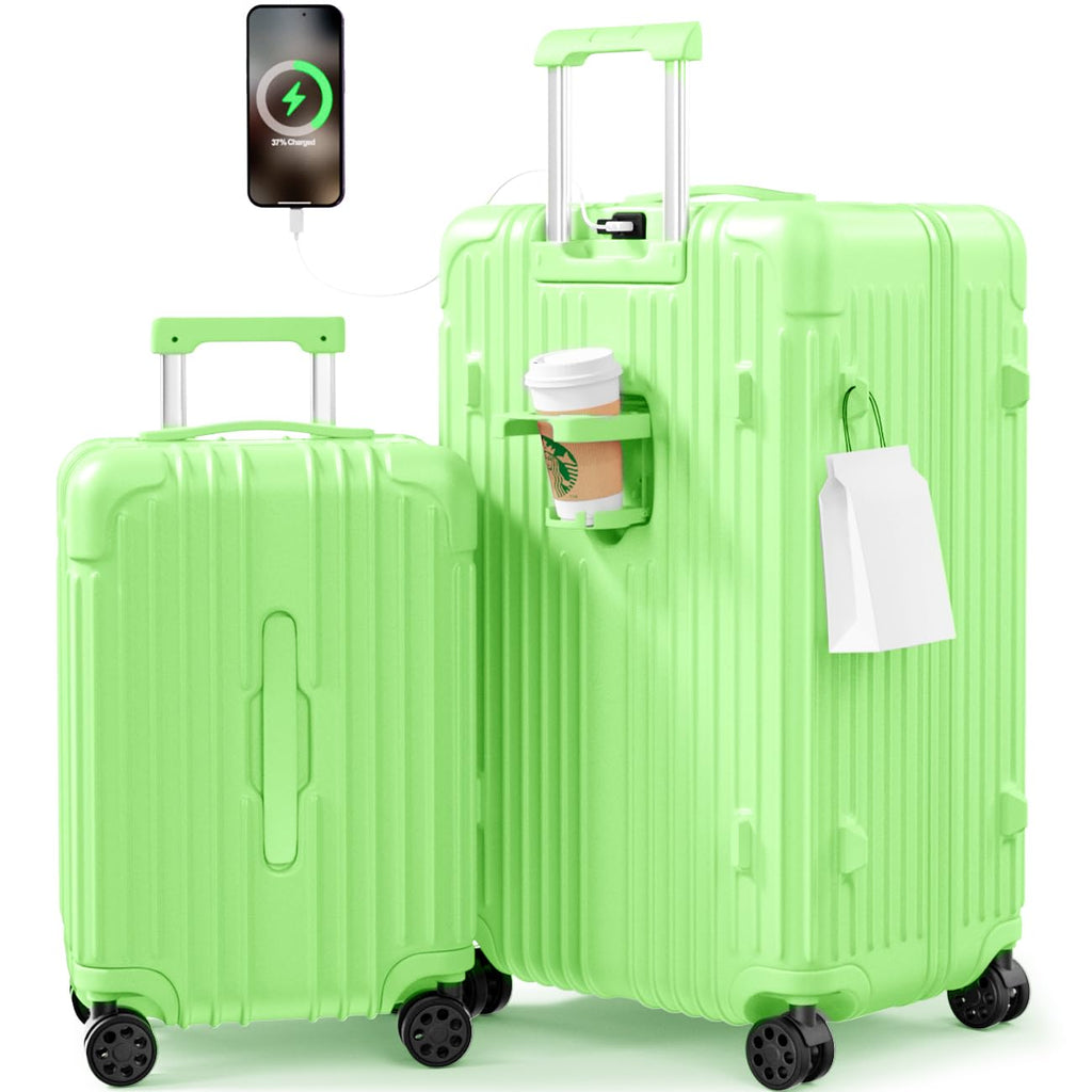 Krute Luggage Sets 2 Piece Suitcase with Spinner Wheels PC+ABS Hardside Suitcases Charging Port TSA Lock Carry On Luggage with Cup Holder 20+28 Inch