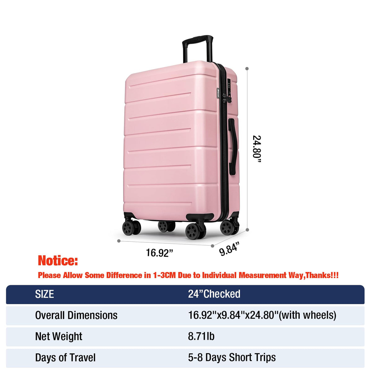KYME 24 Inch Luggage TSA Approved Hardshell Suitcases with Spinner Wheels Durable PC+ABS Medium Checked Travel Luggage for Women Men Lt Purple