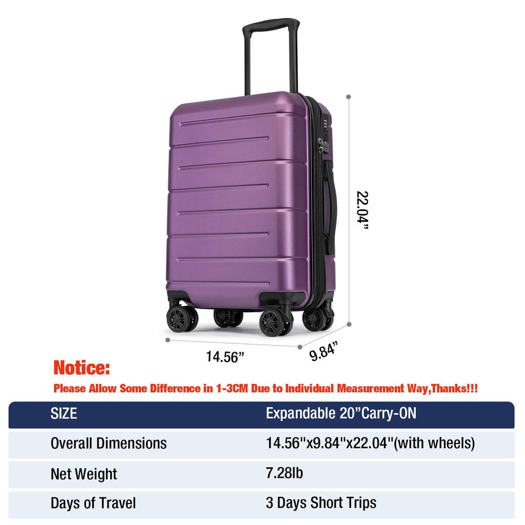 KYME Carry On Luggage 22x14x9 Airline Approved with TSA Lock Hardshell Expandable 20 Inch Luggage Carry On Suitcase with Wheels Small Travel Rolling Luggage with Cup Holder for Women Dark Purple