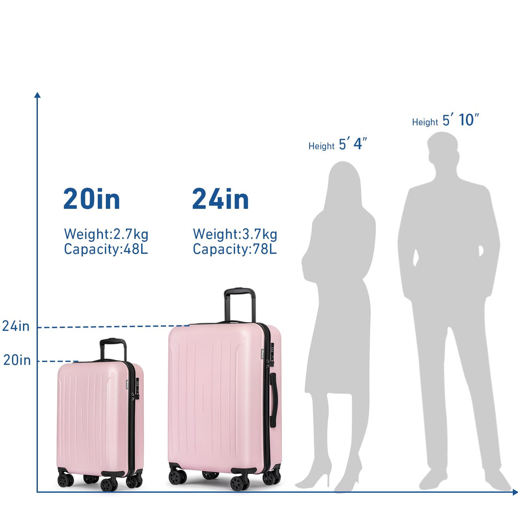 KYME Luggage Sets 2 Piece Hardshell 20"/24" Suitcase with Double Spinner Wheels Hardside Suitcases Sets with TSA Lock PC+ABS Travel Luggage (Pink, 2Pcs Set(20"/24"))