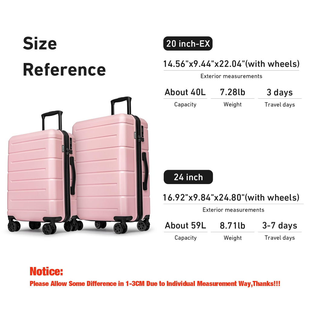 KYME Luggage Sets 2 Piece Suitcase Set Hardshell 20 inch/24 inch Luggage with Spinner Wheels Hardside PC+ABS Checked Large Suitcase with TSA Lock for Women Pink