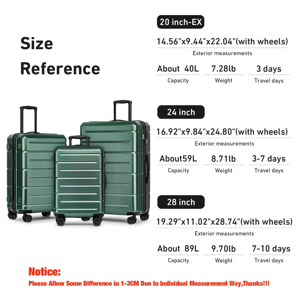 KYME Luggage Sets 3 Piece Hardshell 20"/24"/28" Suitcase with Wheels Hardside Suitcase Set with TSA Lock Large Travel Luggage Set for Men Women Green