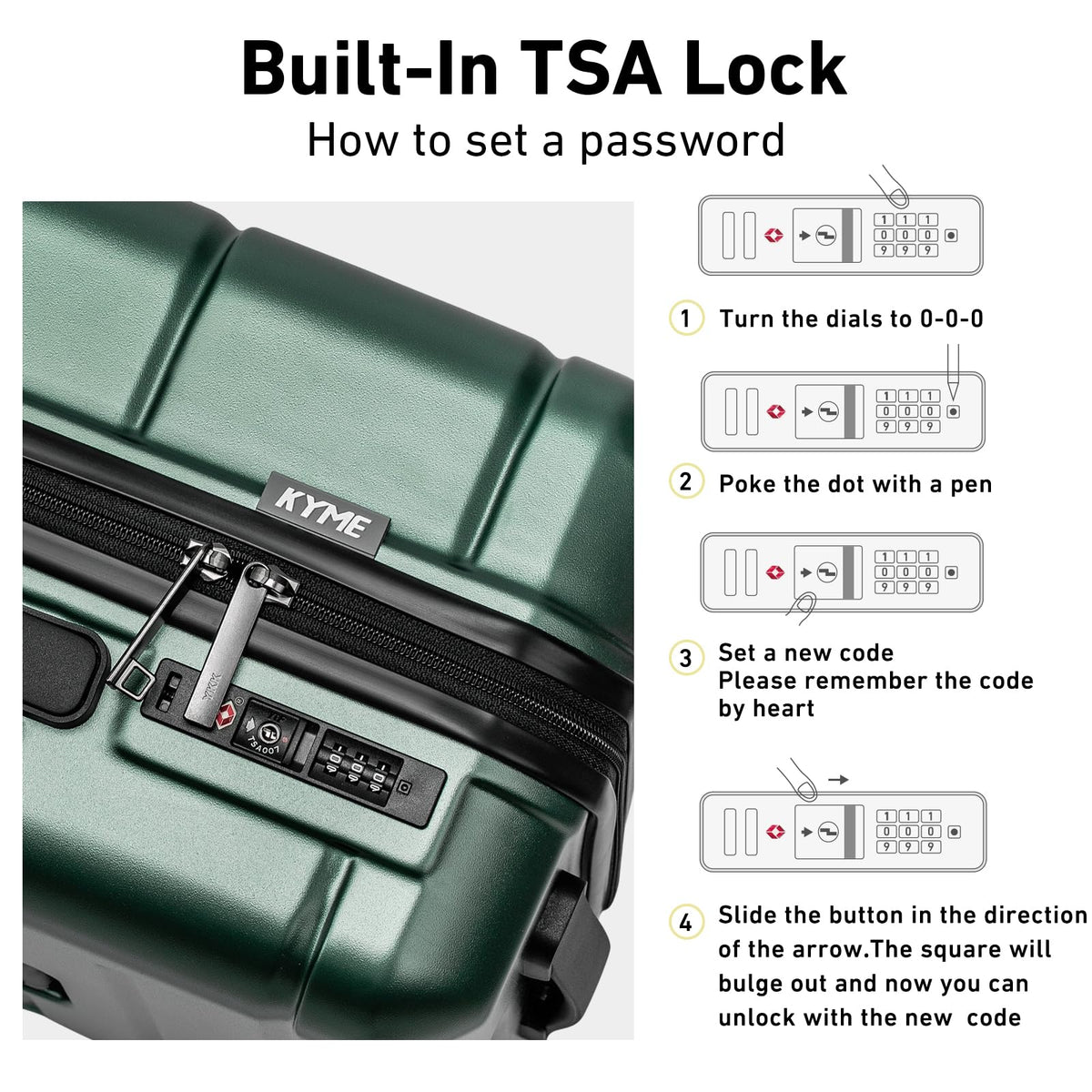 KYME Luggage Sets 3 Piece Hardshell 20"/24"/28" Suitcase with Wheels Hardside Suitcase Set with TSA Lock Large Travel Luggage Set for Men Women Green