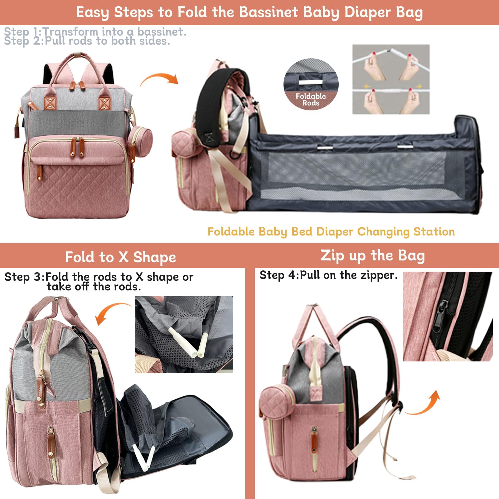 Lamroro Diaper Bag Backpack with Changing Station, Waterproof Large Capacity, Baby Bag for Mom & Dad, 18 Pockets+USB Port, Foldable Changing Pad, Travel Backpack for Newborn Essentials, Baby Gift