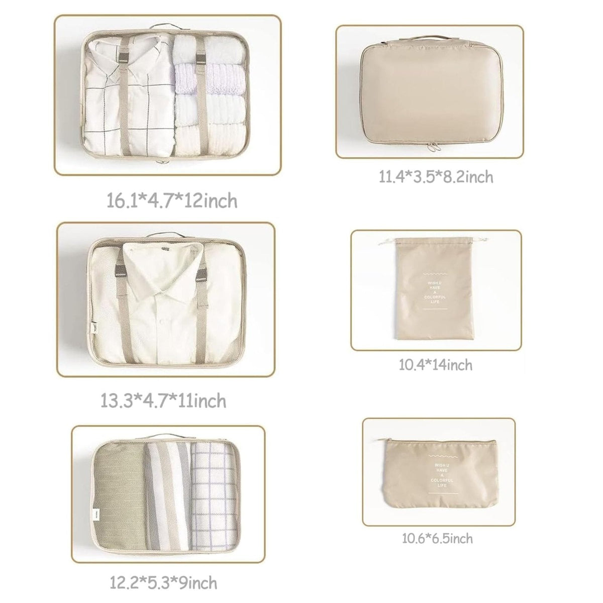 LANSKLBD 6 Set Packing Cubes for Travel, Luggage Organizers with Shoe & Toiletry Bags, Lightweight Suitcase Organizer for Carry - On, Washable Laundry Bags (Beige)