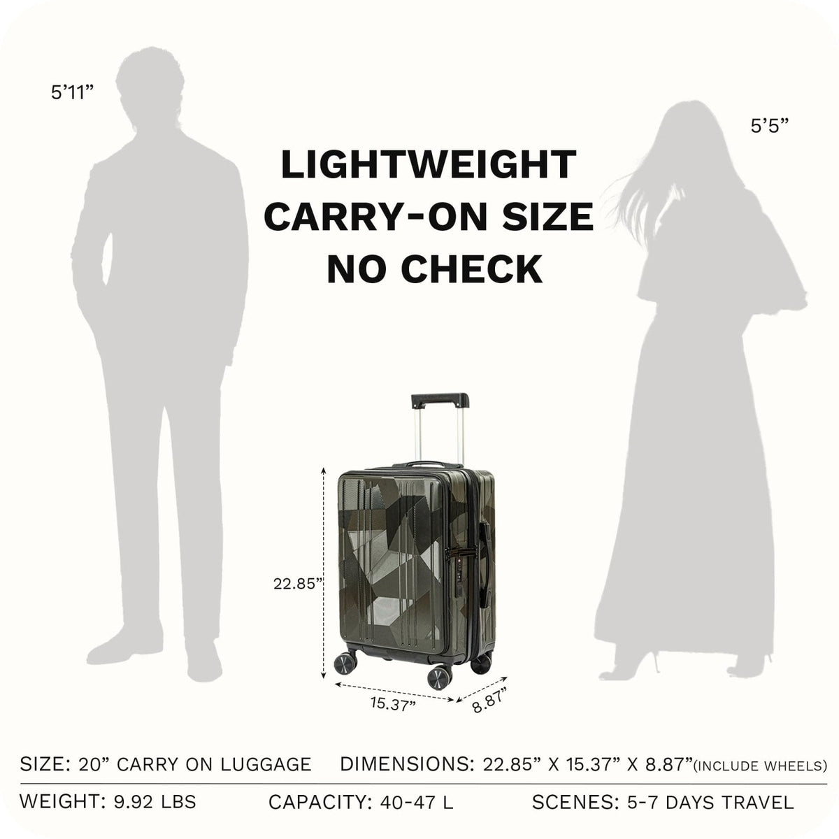 Lanuitjoy 20 inch Carry On Luggage Expandable Top Opening/Clamshell Opening, TSA Approved Carry On Luggage Hard Shell Suitcases, Lightweight Away Carry On Suitcases, Grey