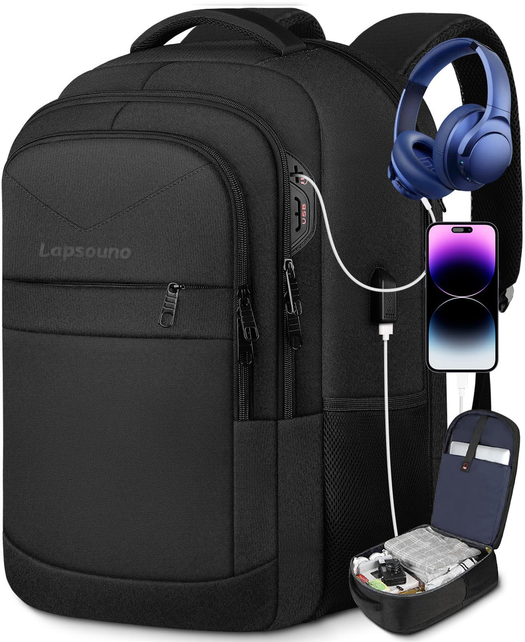 Lapsouno 17 Inch Laptop Backpack, Carry On Travel Backpack, Durable Extra Large TSA Business Backpack with USB Port, Water Resistant Anti Theft Gift for Men Women, Black