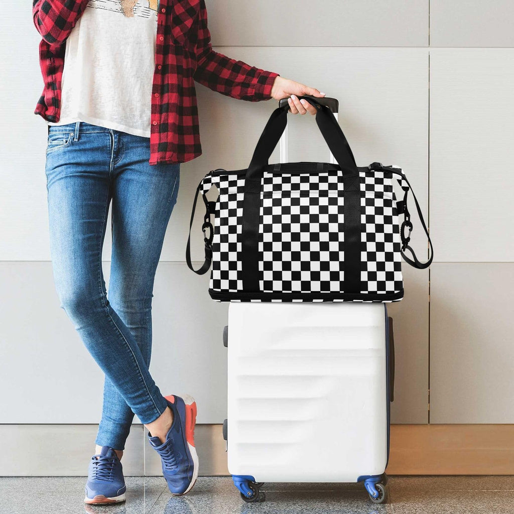 Large Capacity Large Gym Bag Buffalo Plaid Check Black White Travel Weekender Gear Bag with Toiletry for Trip
