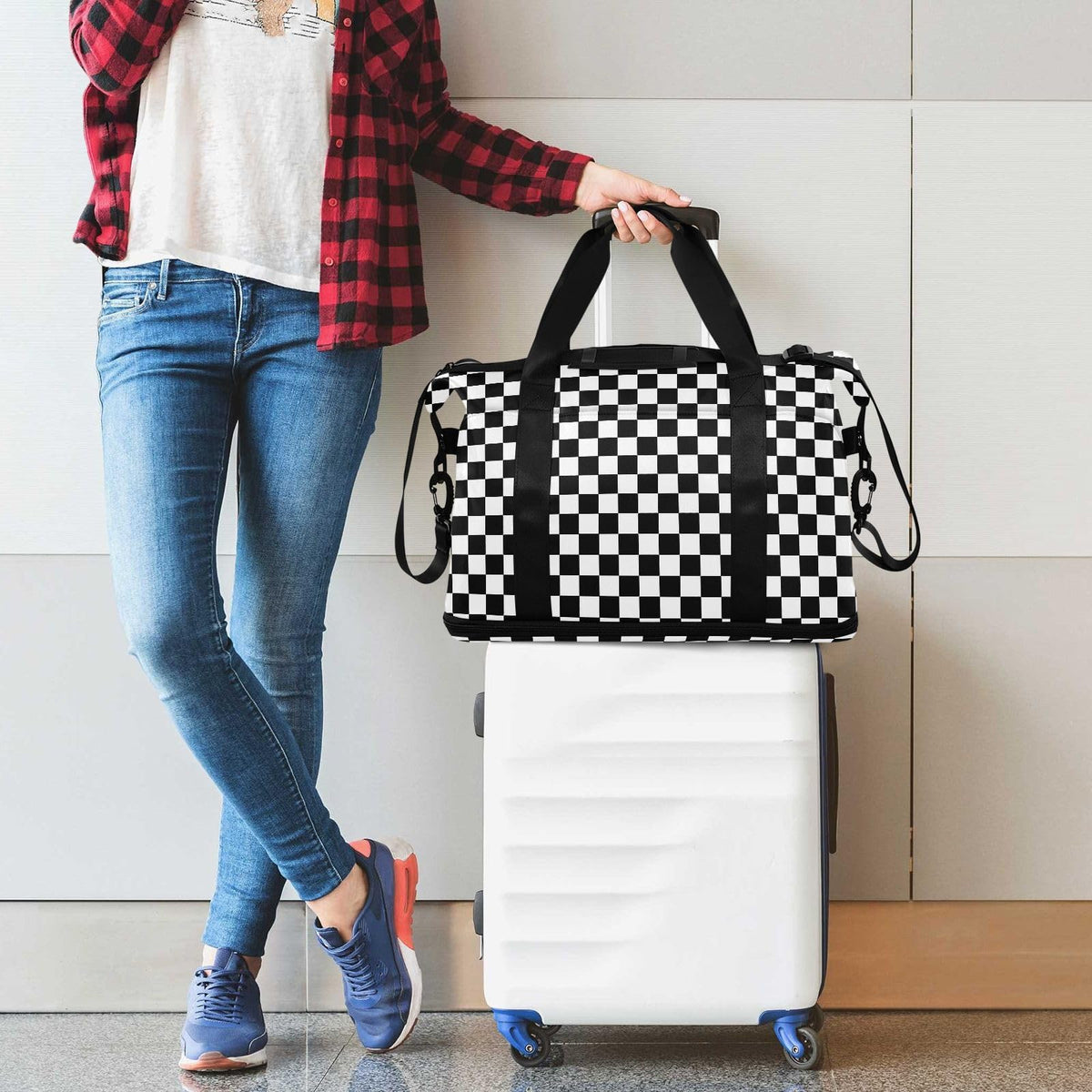 Large Capacity Large Gym Bag Buffalo Plaid Check Black White Travel Weekender Gear Bag with Toiletry for Trip