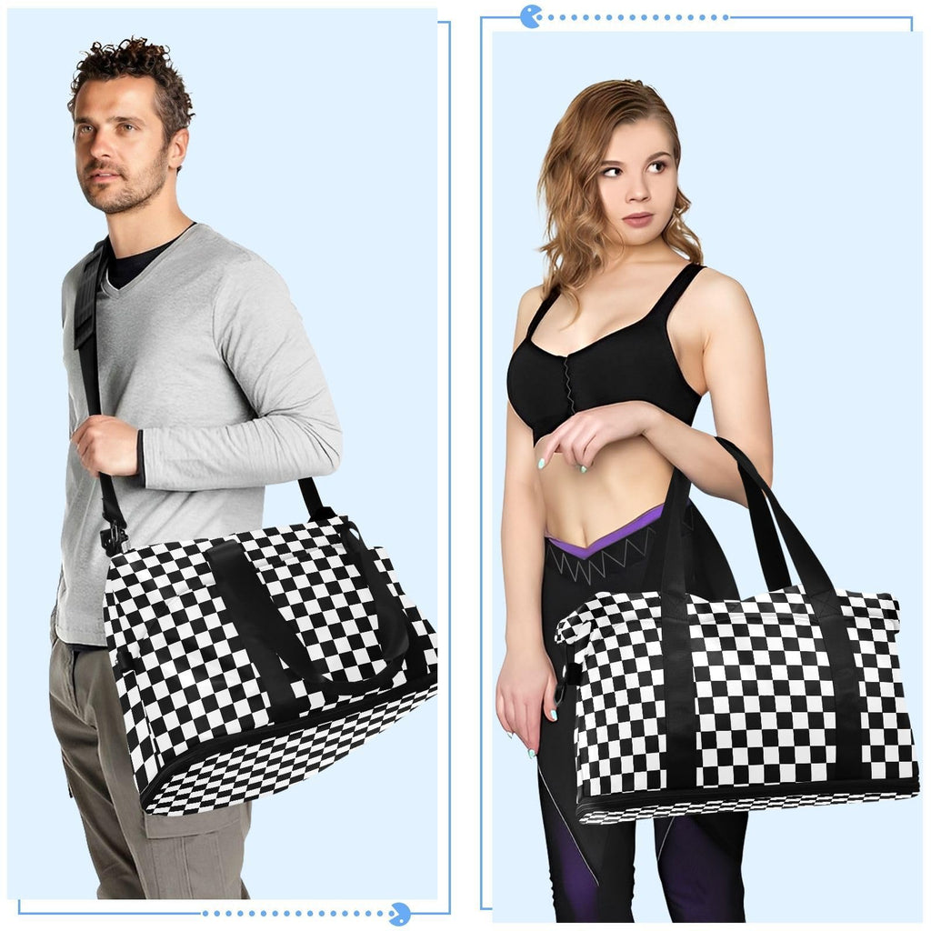 Large Capacity Large Gym Bag Buffalo Plaid Check Black White Travel Weekender Gear Bag with Toiletry for Trip