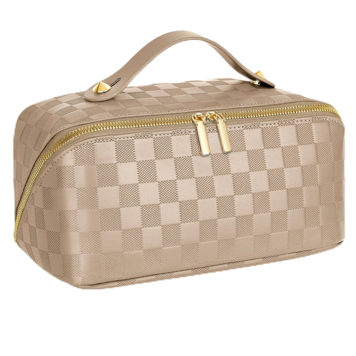Large Capacity Travel Cosmetic Bag - Open Flat Makeup Bags for Women Waterproof PU Leather Checkered Makeup Organizer Bag,Toiletry Bag for Cosmetics, Portable Make up Bag for Travel Essentials, Khaki