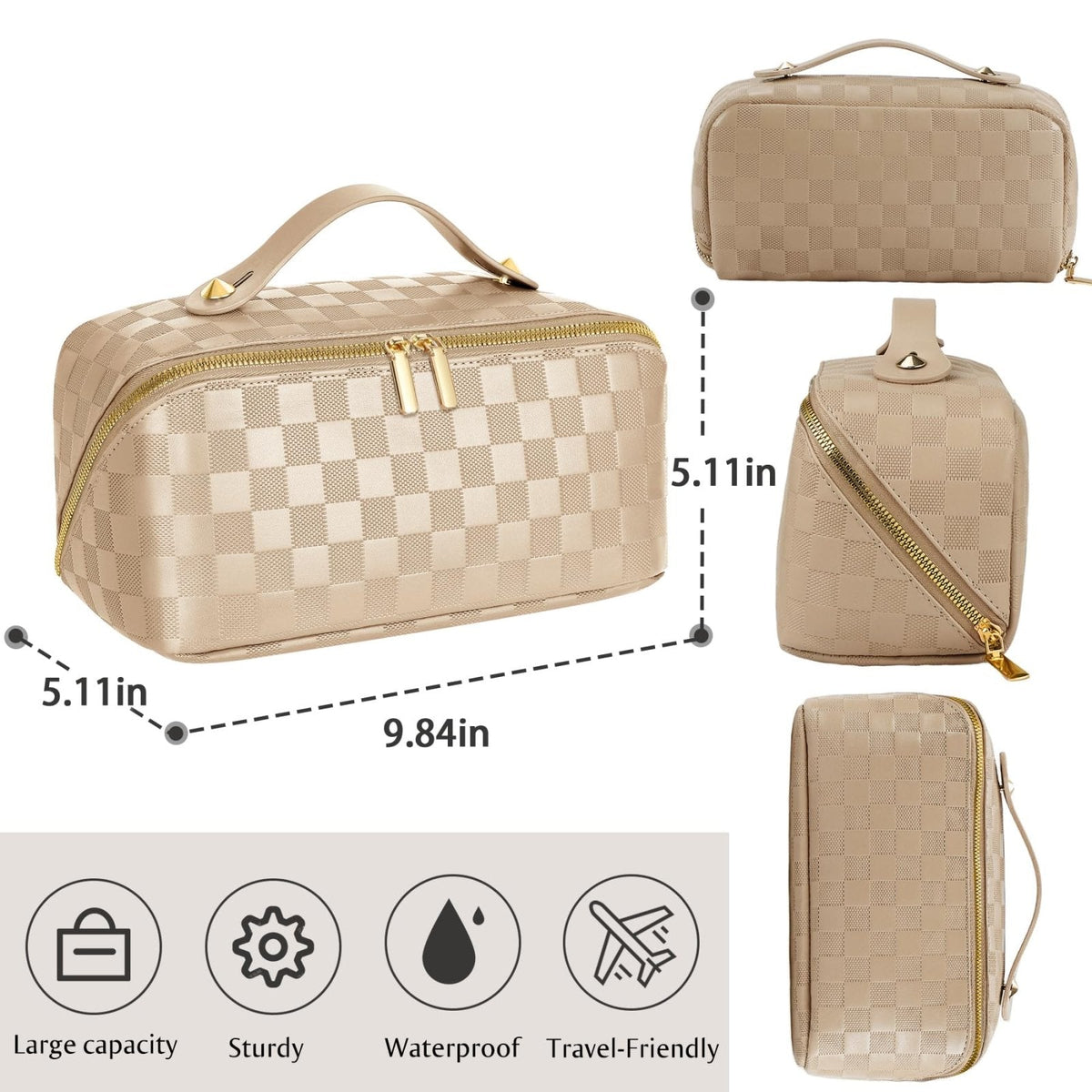 Large Capacity Travel Cosmetic Bag - Open Flat Makeup Bags for Women Waterproof PU Leather Checkered Makeup Organizer Bag,Toiletry Bag for Cosmetics, Portable Make up Bag for Travel Essentials, Khaki