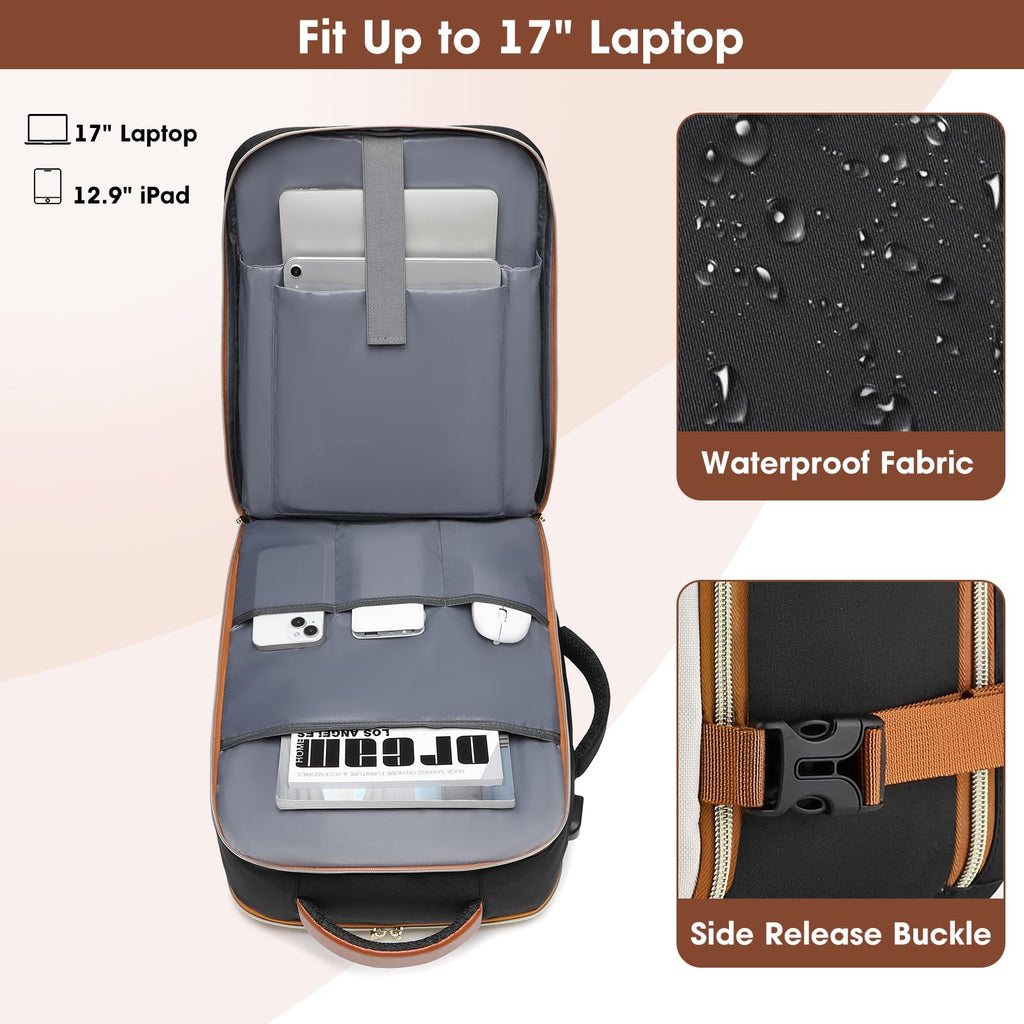 Large Carry On Travel Backpack - Flight Approved Waterproof Luggage Suitcase Backpacks Personal Item Size for Women Men fit 18 inch Laptop College Overnight Bag Weekender Daypack Beige - Black - Brown