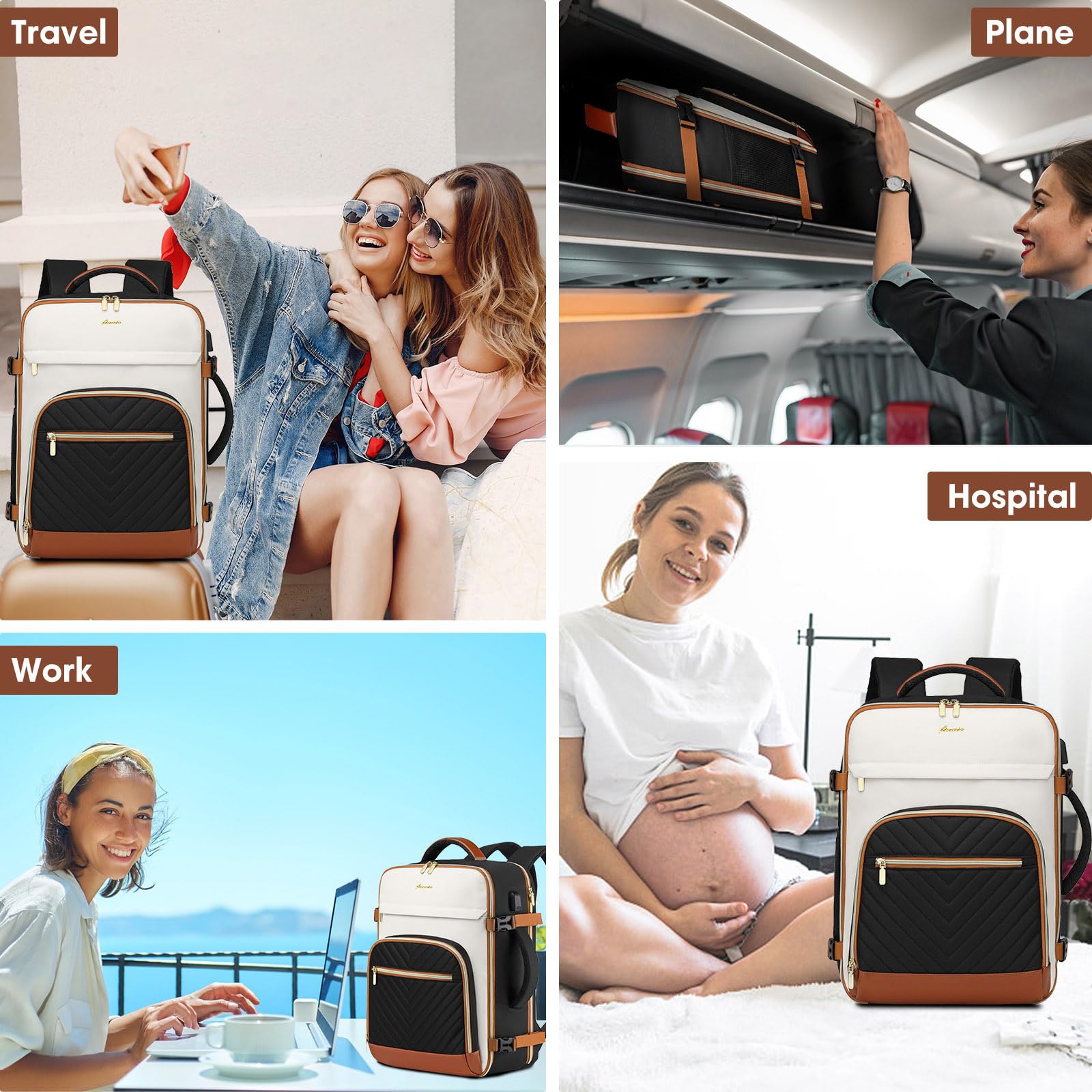Large Carry On Travel Backpack - Flight Approved Waterproof Luggage Suitcase Backpacks Personal Item Size for Women Men fit 18 inch Laptop College Overnight Bag Weekender Daypack Beige - Black - Brown