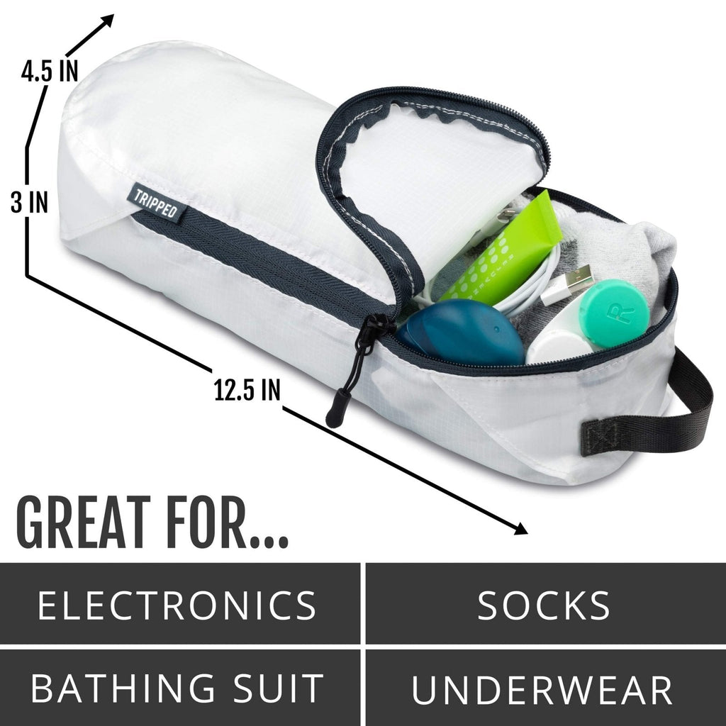 Large Compression Packing Cubes 6 Piece Set for Travel with Lightweight Laundry Bag for Carry - On Suitcase by TRIPPED Travel Gear (White)