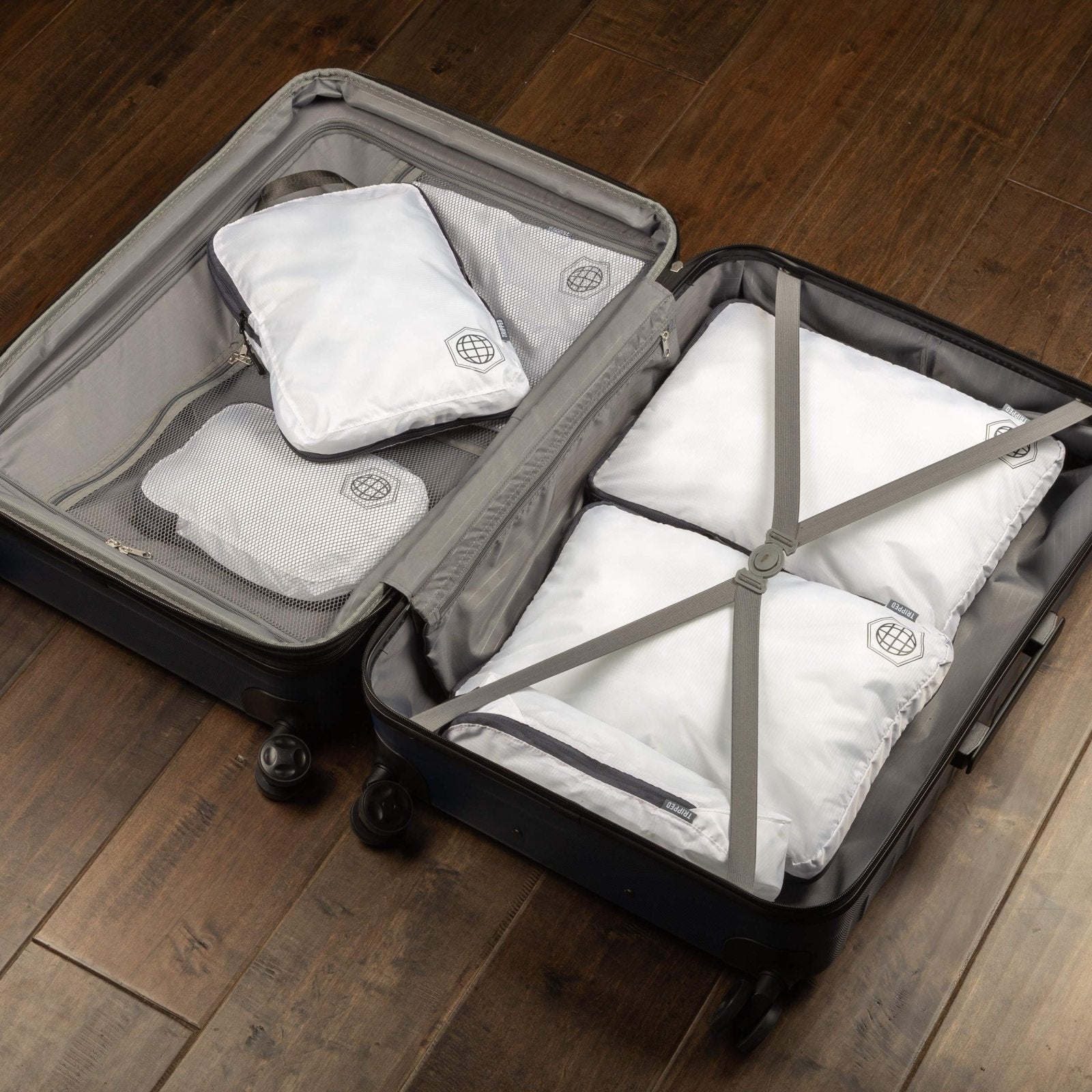 Large Compression Packing Cubes 6 Piece Set for Travel with Lightweight Laundry Bag for Carry - On Suitcase by TRIPPED Travel Gear (White)