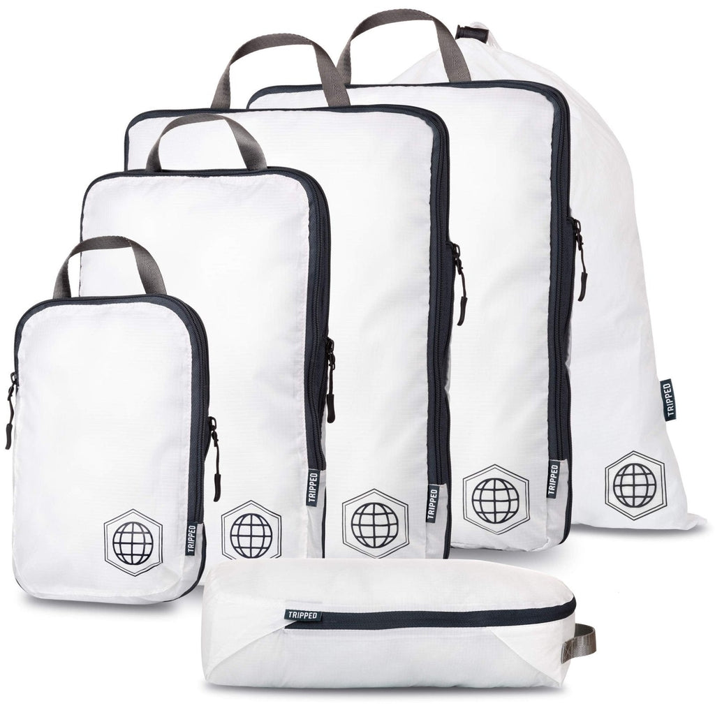 Large Compression Packing Cubes 6 Piece Set for Travel with Lightweight Laundry Bag for Carry-On Suitcase by TRIPPED Travel Gear (White)
