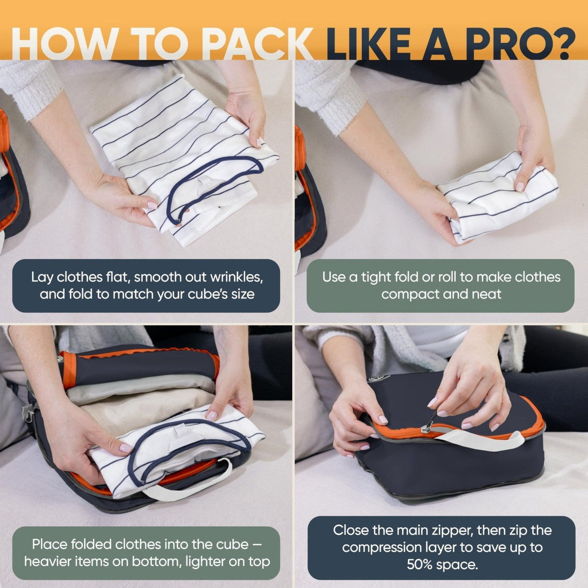 Large Compression Packing Cubes for Travel - Packing Cube Luggage Organizers 7 Piece Set for Checked Luggage - Ultralight, Expandable/Compression Bags by TRIPPED Travel Gear (Grey/Orange)