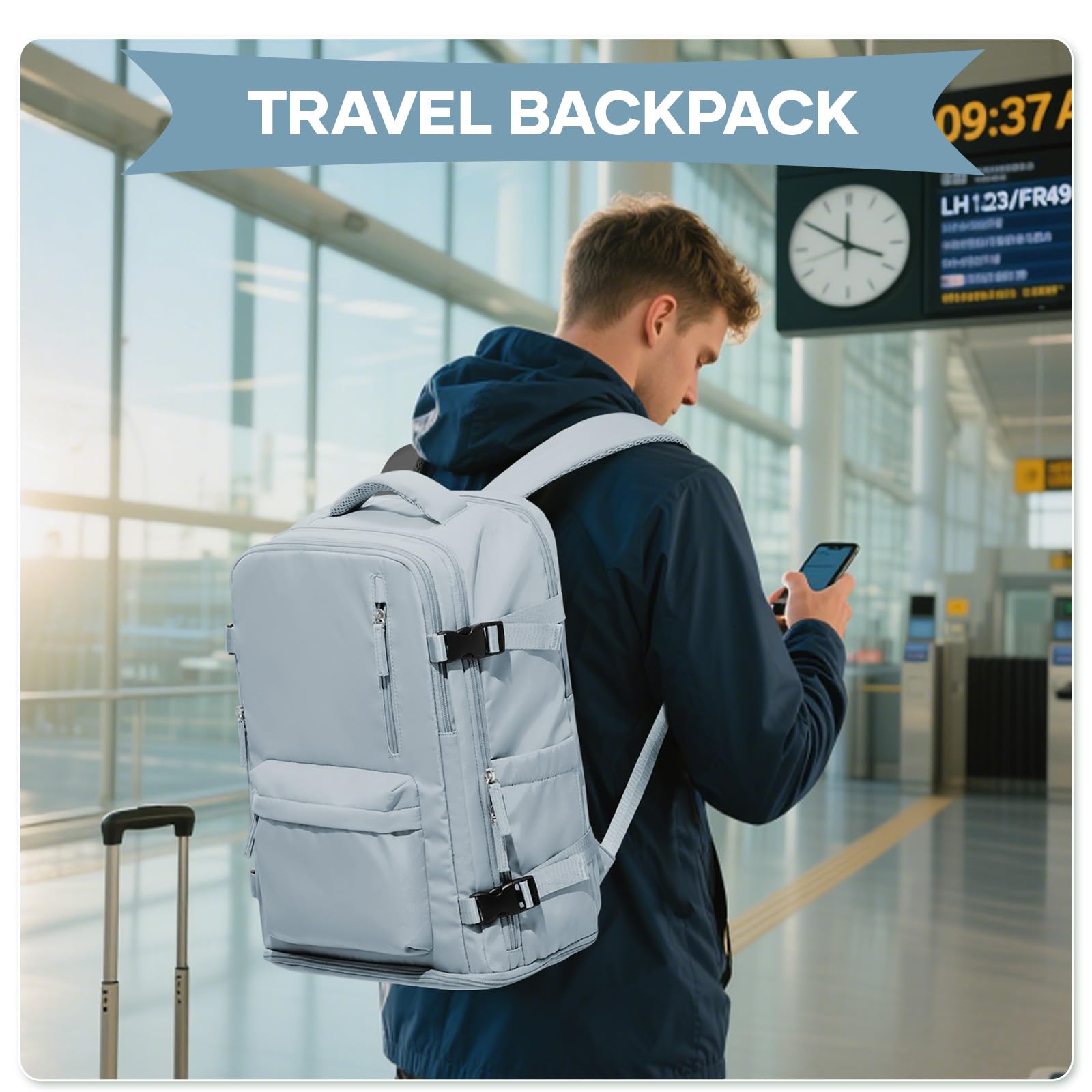 Large Travel Backpack Women Carry On Hiking Backpack Waterproof Outdoor Sports Casual Daypack Personal item Travel Bag Airplane Essentials Spirit Airline Flight Approved Shoes Compartment Men,Blue